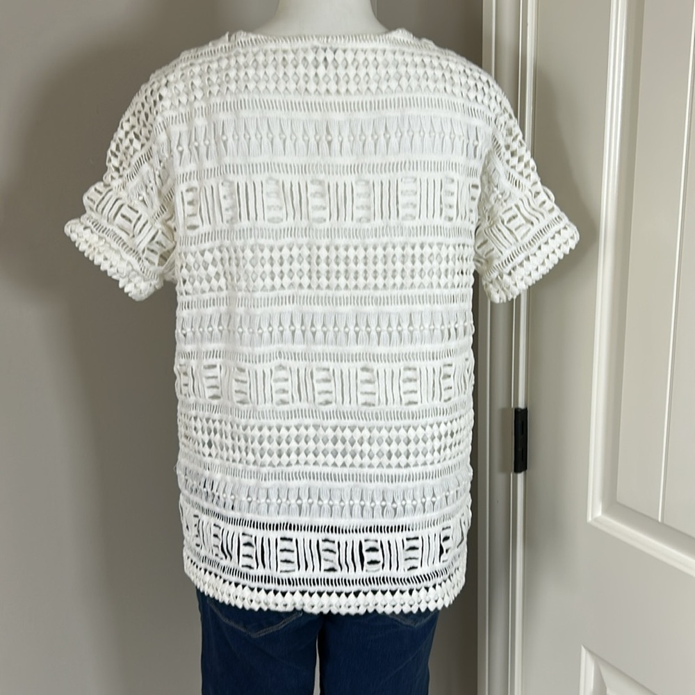 Vince Geometric Lace Crochet Top Short Sleeve Lined Cotton White Career Sz S - Picture 5 of 10